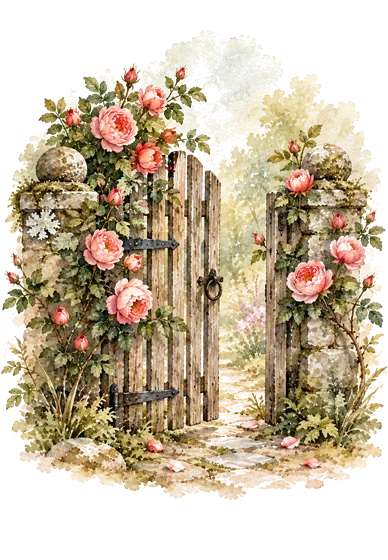Watercolor of a weathered wooden garden gate standing slightly open, with climbing pink roses