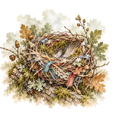 Watercolor of a bird's nest woven from twigs, string and scraps of ribbon