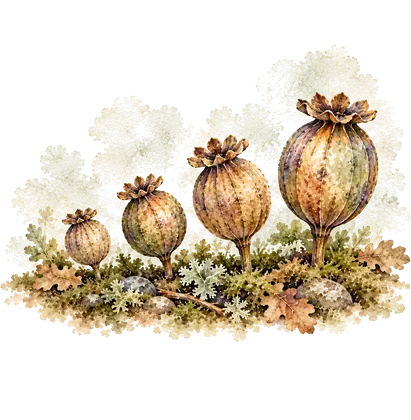 Watercolor of four seed pods in a row, each a little bigger than the last