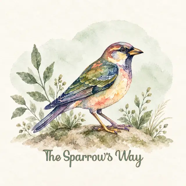 Watercolor sparrow perched on a mossy stone among soft green leaves, with the words The Sparrow's Way